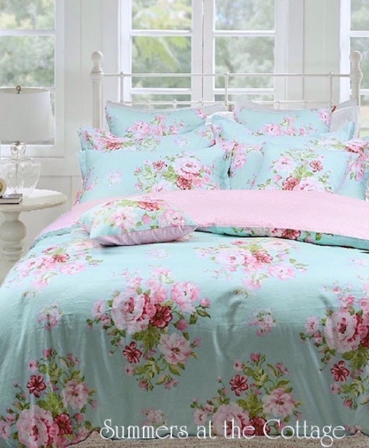 AQUA BLUE PINK ROSES SHABBY BEACH HOUSE CHIC DUVET COVER SET