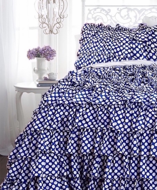 Summer Days Beach Chic Navy Blue White Polka Dot Ruffles Duvet