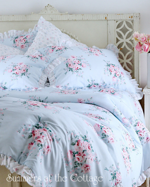 SHABBY CHIC RACHEL ASHWELL BELLA BLUE PINK ROSES RUFFLE QUEEN COMFORTER SET