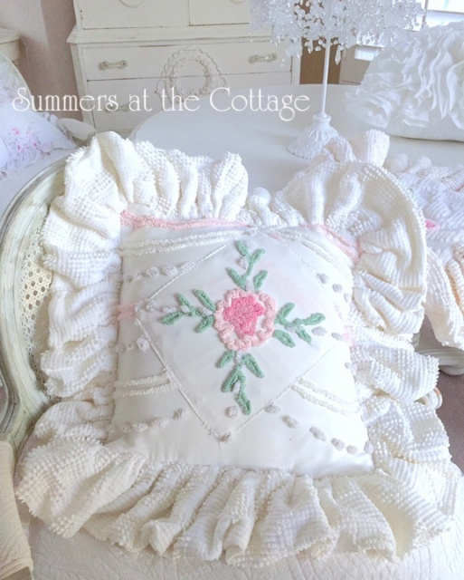 Vintage Chenille Pink Rose Popcorn Accents Ruffled Pillow