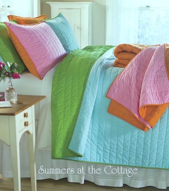 Queen Quilt Set Shabby Beach Chic, Teal And Lime Green Bedding