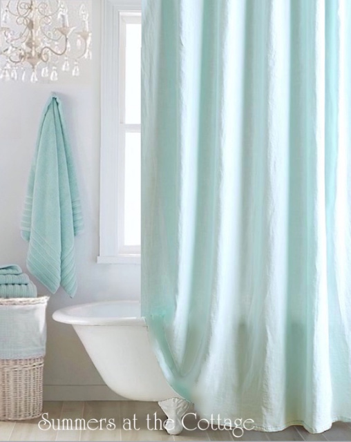 ANTHROPOLOGIE LINEN SHOWER CURTAIN COASTAL COTTAGE AQUA BLUE 