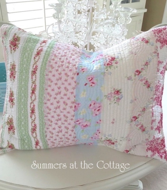 BEACH COTTAGE BLUE PINK ROSES SHABBY CABANA CHIC PILLOW SHAMS