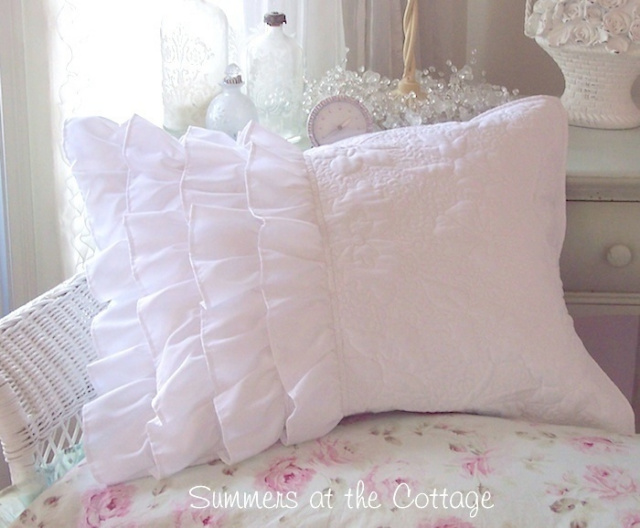 SHABBY ROMANTIC COTTAGE CHIC DREAMY WHITE RUFFLES PILLOW SHAM