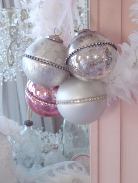 SHABBY RHINESTONE SILVERY WHITE SATIN or PINK MERCURY GLASS CHIC CHRISTMAS ORNAMENT
