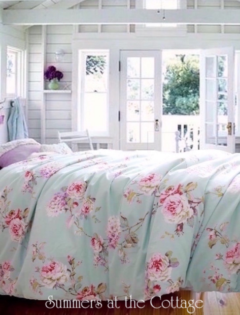 AQUA MINT PINK VINTAGE ROSES DUVET COMFORTER COVER SET