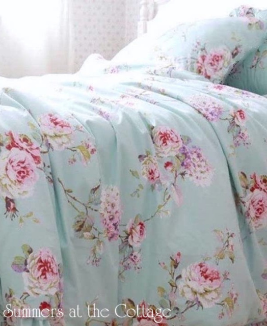 AQUA MINT PINK VINTAGE ROSES DUVET COMFORTER COVER SET