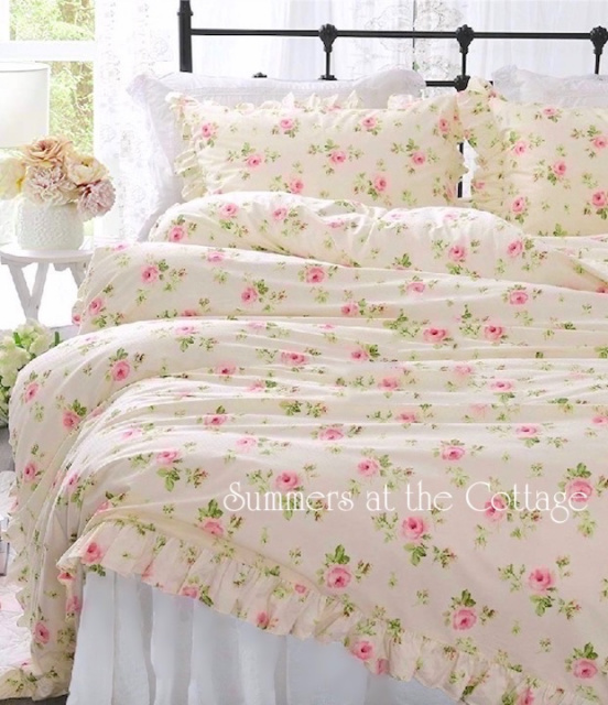 SUMMER YELLOW PINK ROSES COTTAGE CHIC BEDDING SET - KING or QUEEN