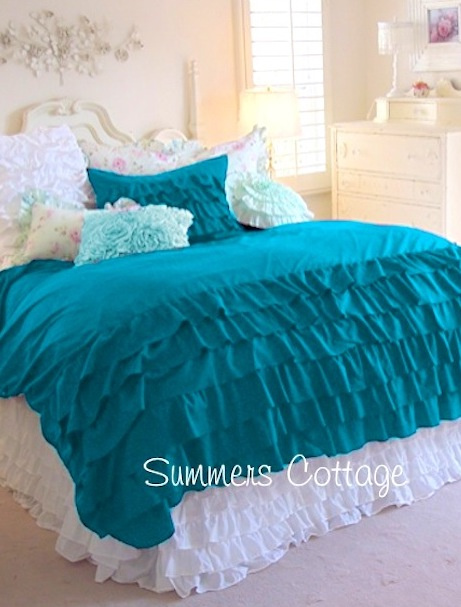 3 PIECE FULL / QUEEN AQUA TEAL TURQUOISE RUFFLED DUVET COMFORTER COVER & PILLOW SHAMS