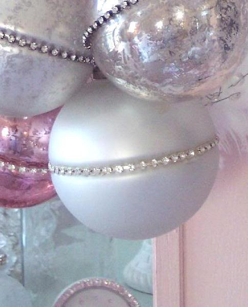 SHABBY RHINESTONE SILVERY WHITE SATIN or PINK MERCURY GLASS CHIC CHRISTMAS ORNAMENT