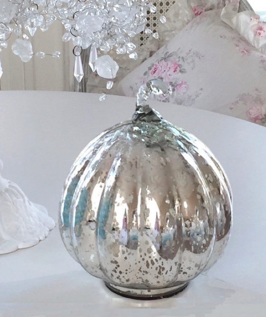 ANTIQUED SILVER MERCURY GLASS PUMPKIN HOLIDAYS THANKSGIVING & CHRISTMAS
