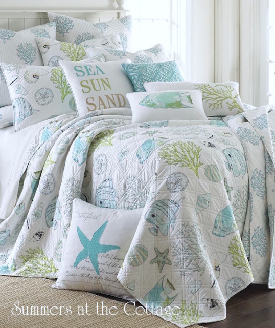 COASTAL COTTAGE SEASHELLS OCEAN LIFE AQUA BLUE TROPICAL ISLAND KING QUILT SET