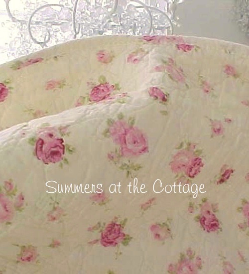 SHABBY COTTAGE CHIC PINK ROSES ROSEBUD QUILT & PILLOW SHAMS BUTTER YELLOW