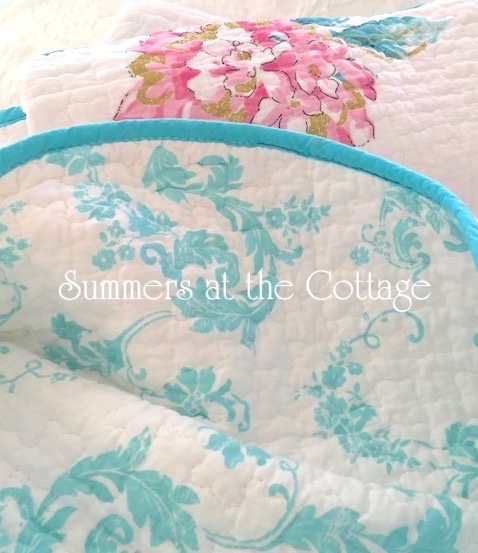 HAMPTONS PINK HYDRANGEA QUILT SET AQUA TEAL YELLOW - QUEEN or KING