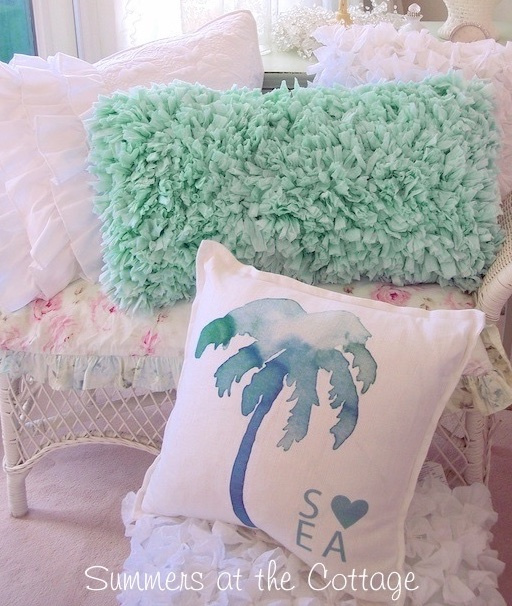 BEACH HOUSE AQUA SEAGLASS RAG RUFFLES COTTAGE CHIC or PALM TREE PILLOW