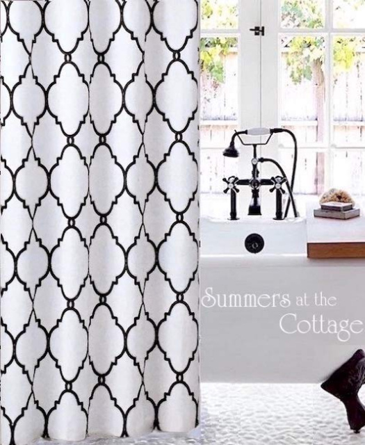 BLACK QUATREFOIL HARMONY DESIGN ON WHITE FABRIC SHOWER CURTAIN
