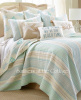 COASTAL SEA GLASS AQUA BLUE TAUPE CABANA STRIPE BEACH COTTAGE REEF QUILT & PILLOW SHAMS