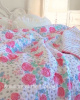 SUMMER HOUSE BEACH COTTAGE WHIMSICAL PINK ROSES AQUA BLUE DOVE GRAY DOTS & STRIPES QUEEN QUILT