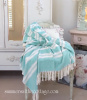 SHABBY BEACH COTTAGE CHIC MALIBU BLUE AQUA SEA GLASS WHITE STRIPED THROW BLANKET FRINGE
