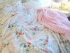 PINK POPCORN ROSES VINTAGE CHENILLE BEDSPREAD BLUE COTTAGE GREEN ON WHITE