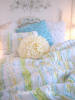 KING SHABBY SUMMER RUFFLES BEACH COTTAGE FLOWERS BLUE YELLOW GREEN CHIC RAG QUILT SET